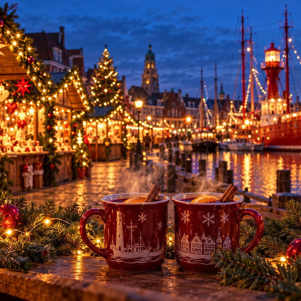 Zwei Glühweintassen vor einem Weihnachtsmarkt am Hafen